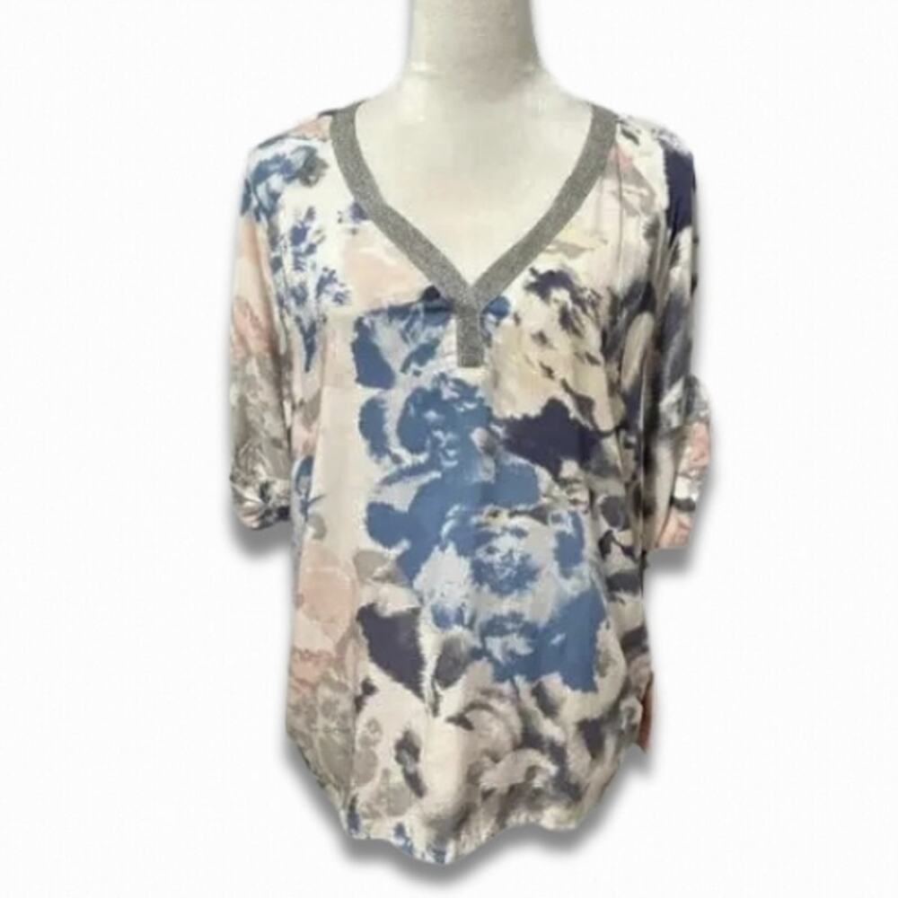 Juicy Couture Floral Blouse V-Neckline 3/4 Sleeve Lightweight Knit Pink W M NWT
